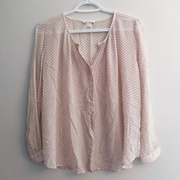 Club Monaco 100% Silk Semi Sheer Pink Black Polka Dot Button Up Blouse Small - Picture 2 of 14